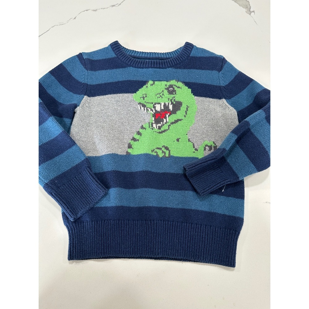 Baby Gap Toddler Boys Blue Striped Dinosaur Intarsia‎ Knit Sweater Size 5T